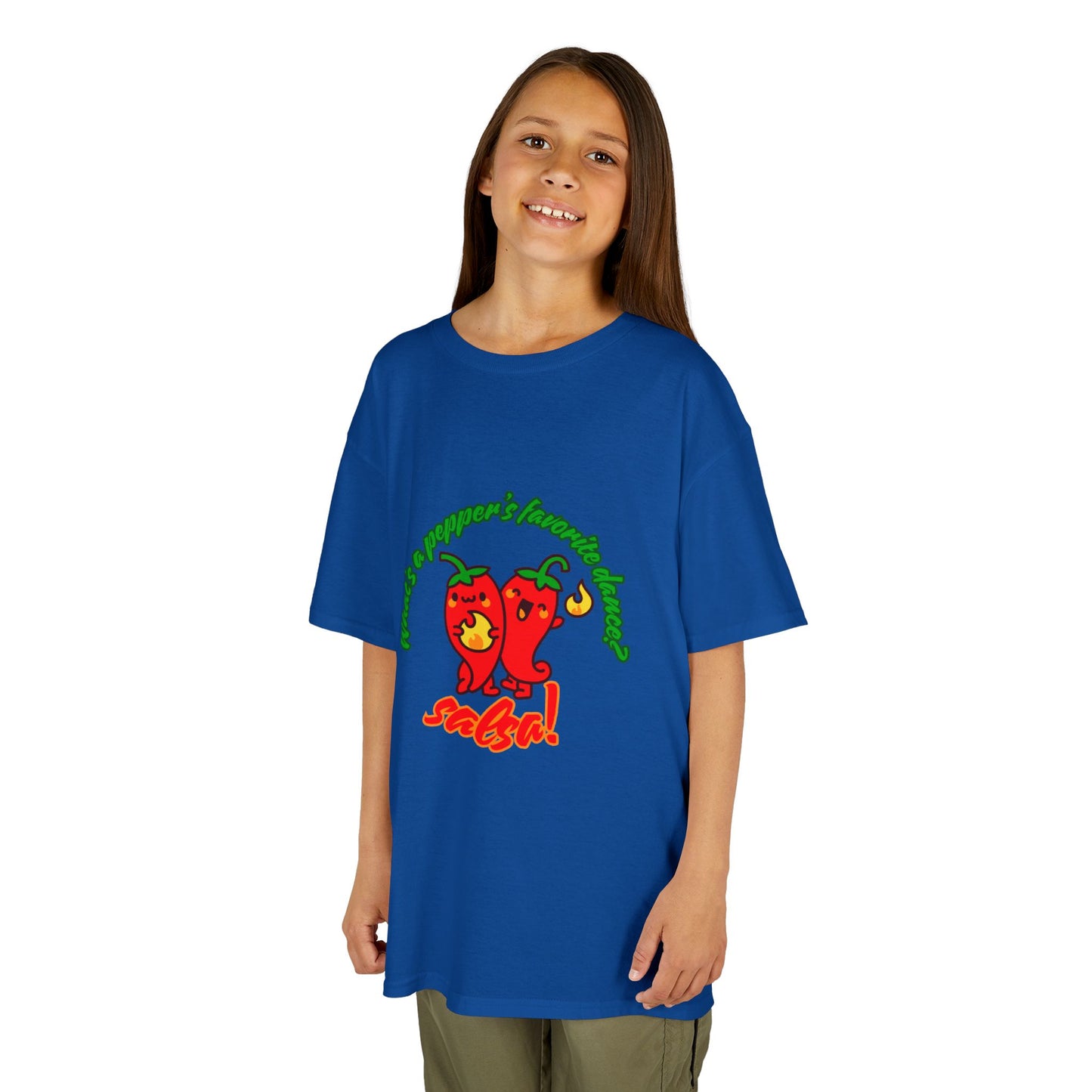 "What’s a Pepper’s Favorite Dance? Salsa!" Youth Short Sleeve Tee – Funny Dance Shirt with Cute Pepper Graphic for Kids