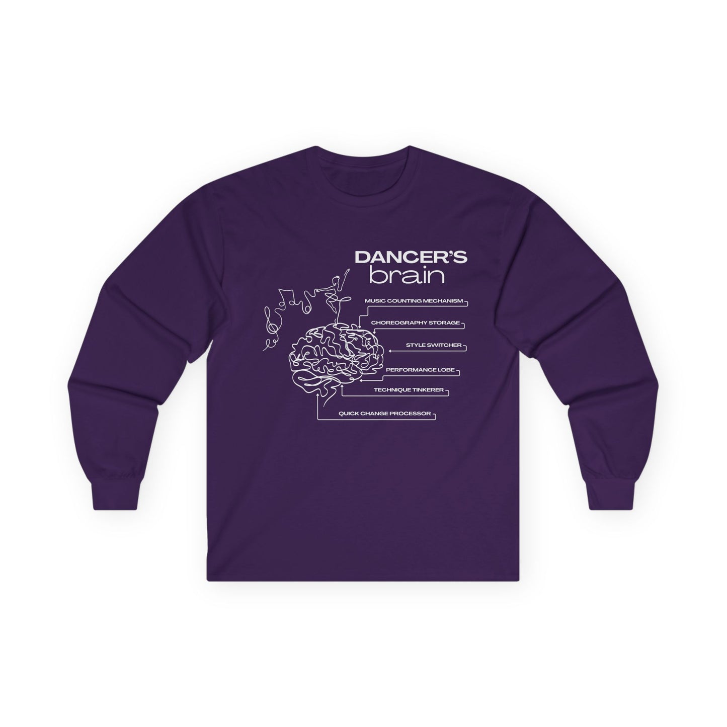 “Dancer’s Brain” Unisex Long Sleeve Tee – Funny Ballet & Dance Graphic Shirt with Labeled Brain Design + Optional Name or Studio Personalization