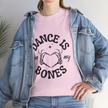 “Dance Is in My Bones” Halloween Dance T-Shirt with Cute Skeleton Heart Graphic - Unisex Heavy Cotton Tee