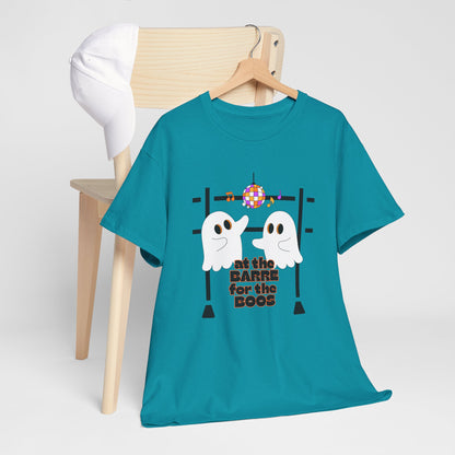 “At the Barre for the Boos” Dance Halloween T-Shirt with Cute Ghost Ballet Graphics - Unisex Heavy Cotton Tee