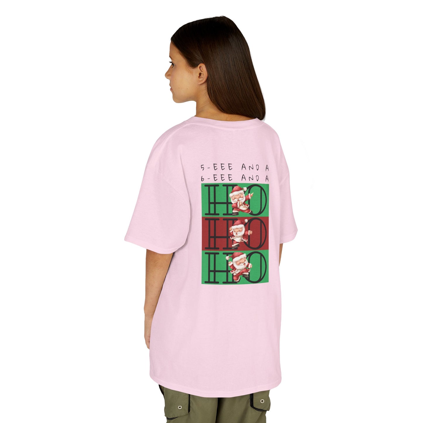 “5-eee and a 6-eee and a Ho, Ho, Ho” YOUTH Short Sleeve Tee with Playful Dancing Santa Front & Back – Festive Christmas Dance Tee for Dancers & Studios