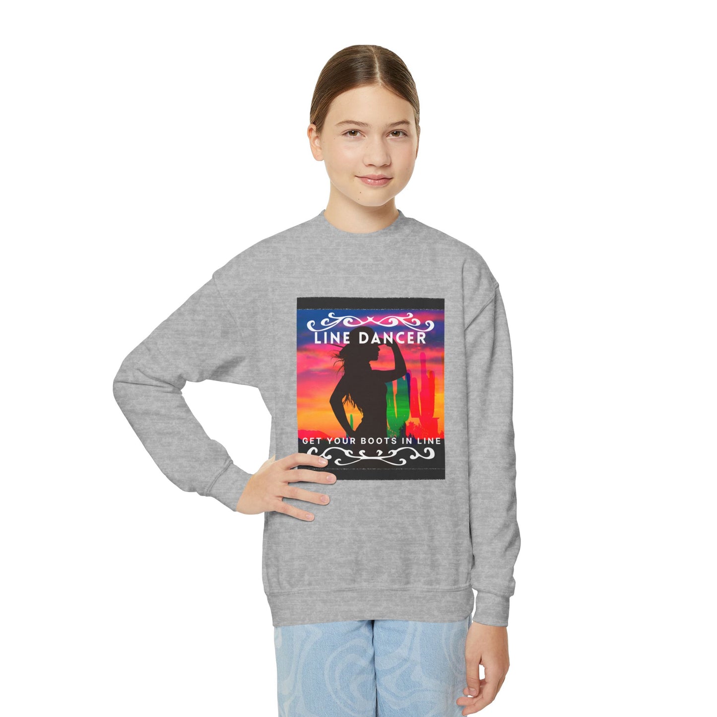 "Line Dancer, Get Your Boots in Line!" Youth Crewneck Sweatshirt – Western-Inspired Dance Graphic – Country Dance Pullover for Kids