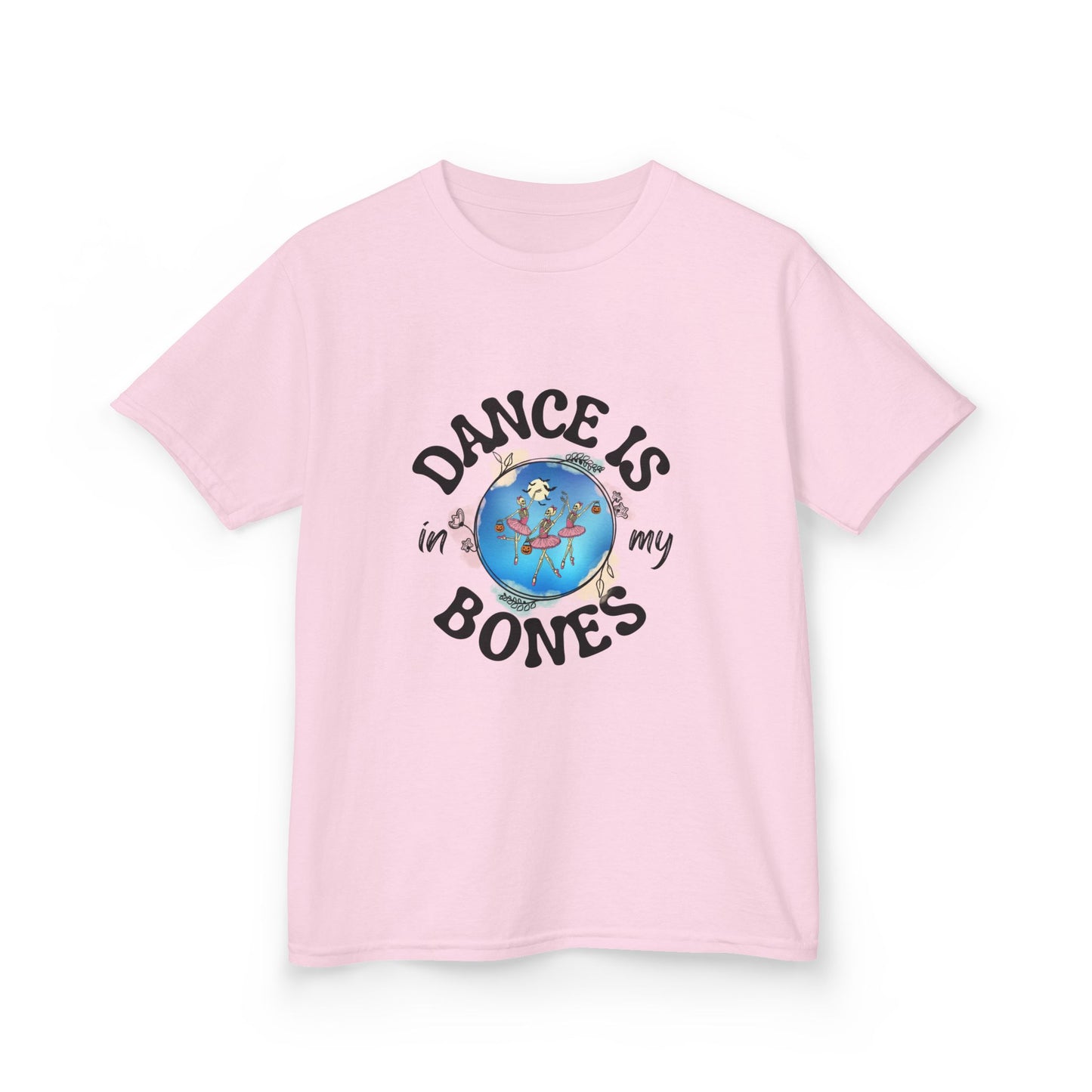 "Dance Is in My Bones” Halloween Dance T-Shirt with Dancing Skeletons Graphic - Kids Heavy Cotton™ Tee