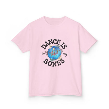 "Dance Is in My Bones” Halloween Dance T-Shirt with Dancing Skeletons Graphic - Kids Heavy Cotton™ Tee
