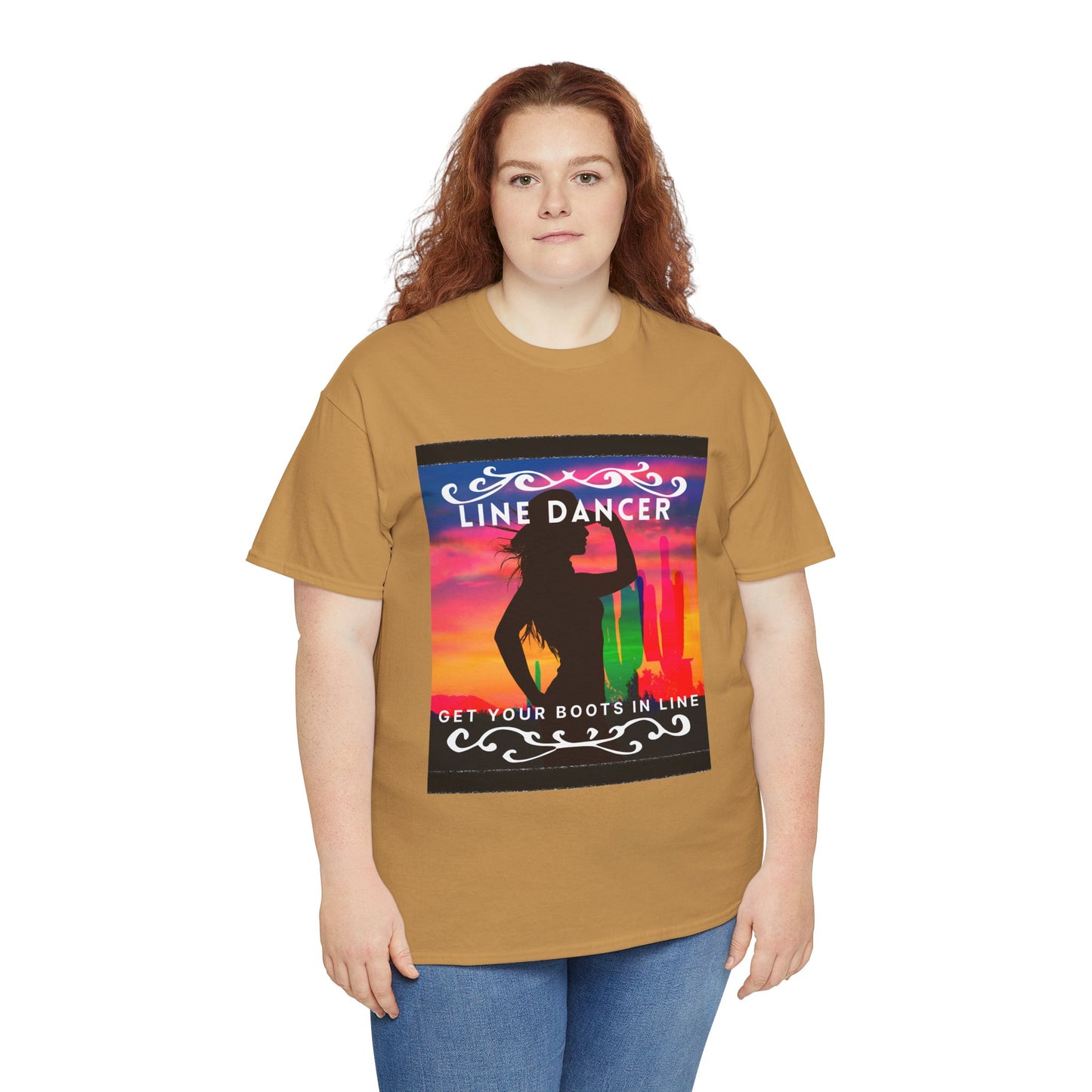 "Line Dancer" Unisex Heavy Cotton T-Shirt – Western Country Dance Graphic Tee – 'Get Your Boots in Line' Cowboy-Inspired Shirt