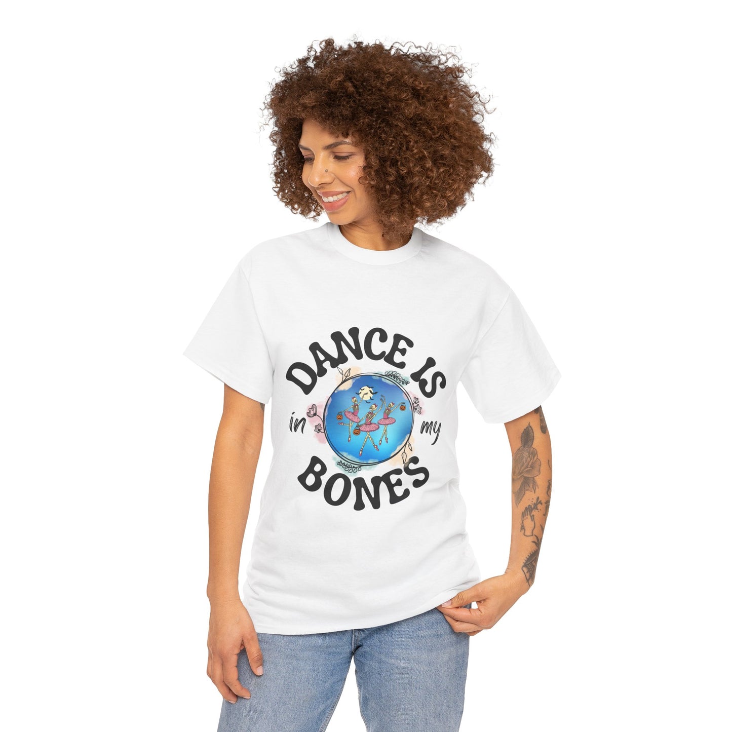 “Dance Is in My Bones” Halloween Dance T-Shirt with Dancing Skeletons Graphic - Unisex Heavy Cotton Tee