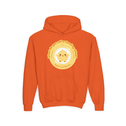 "What do you call a dancing chick? Poultry in Motion." Youth Hooded Sweatshirt – Funny Dancing Chick Pun Graphic Hoodie for Kids and Teens