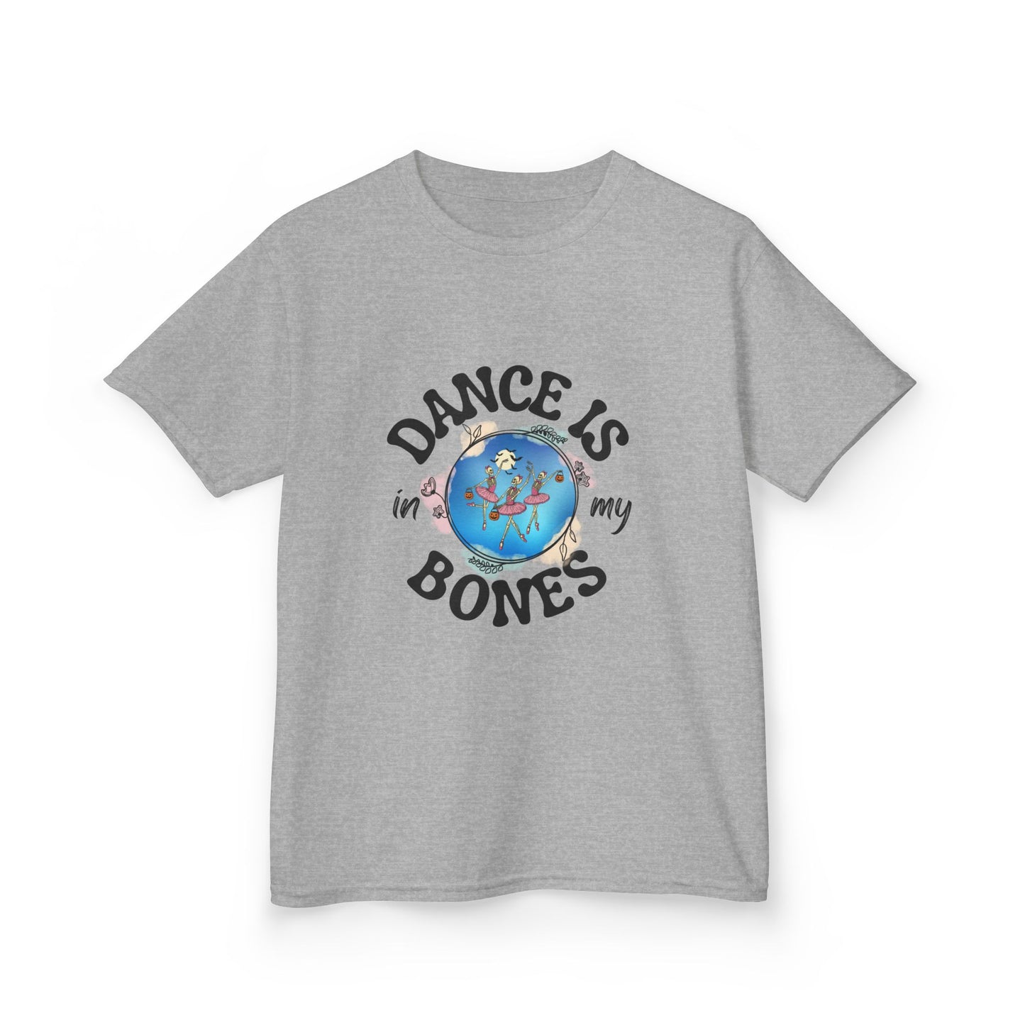 "Dance Is in My Bones” Halloween Dance T-Shirt with Dancing Skeletons Graphic - Kids Heavy Cotton™ Tee