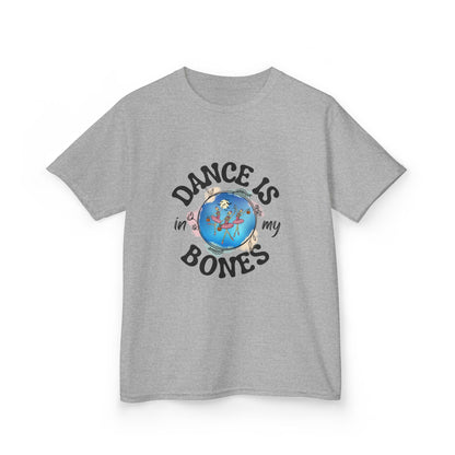 "Dance Is in My Bones” Halloween Dance T-Shirt with Dancing Skeletons Graphic - Kids Heavy Cotton™ Tee