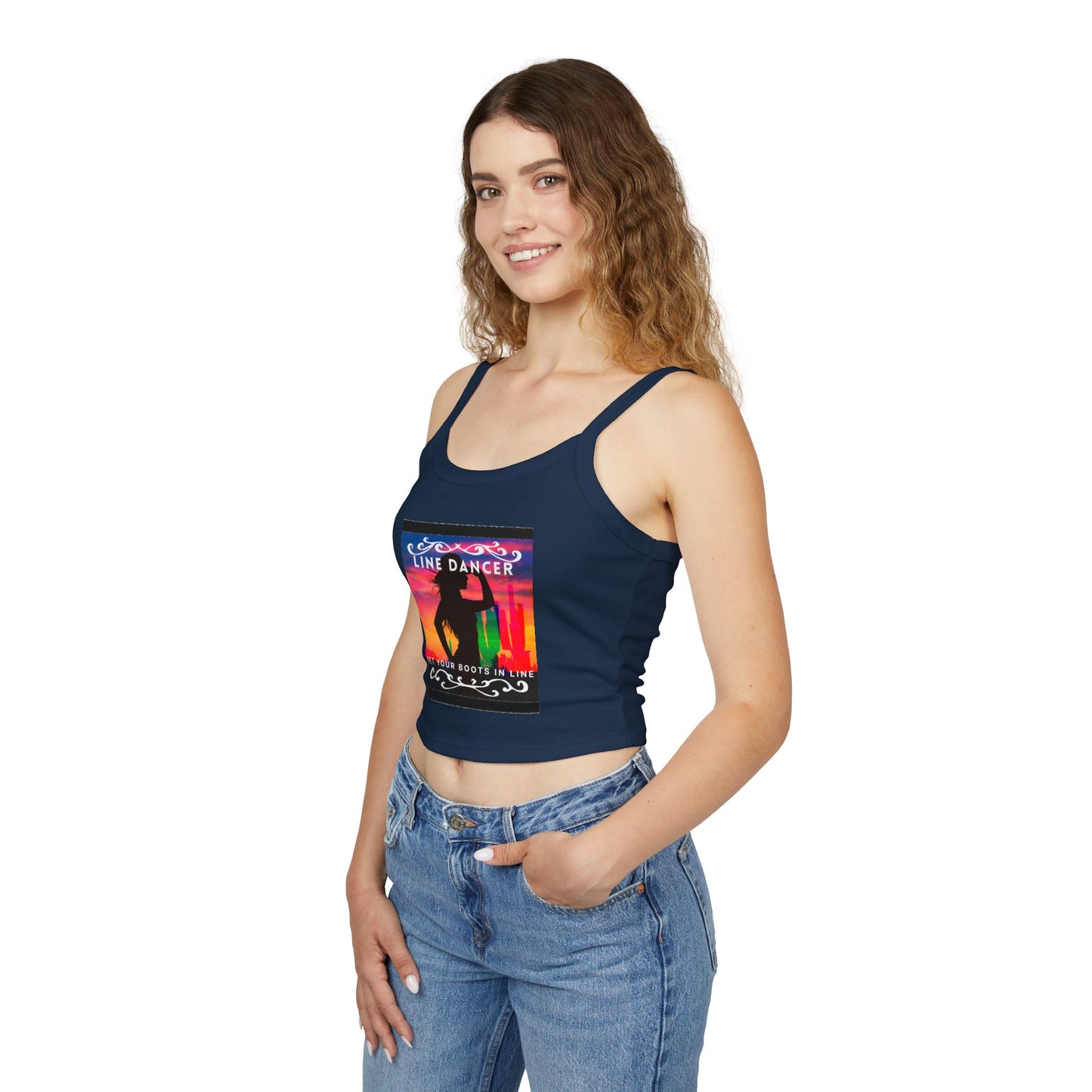 "Line Dancer" Spaghetti Strap Tank Top – Western-Inspired Country Dance Graphic – 'Get Your Boots in Line' Women's Dance Tank