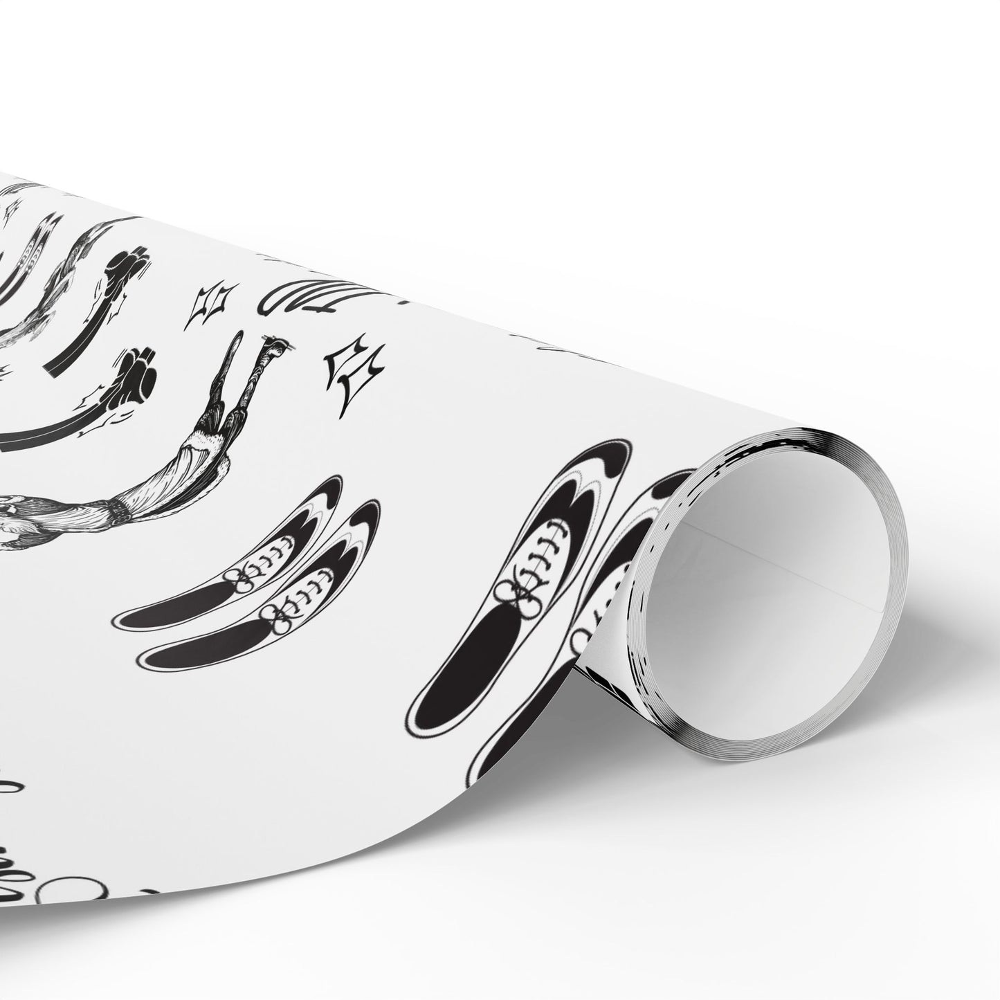 “Tap Here” Christmas Wrapping Paper – Fun Black & White Holiday Gift Wrap with Tap Shoes & Santa Design, Perfect for Tap Dancers & Dance Studios