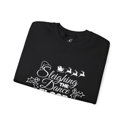 “Sleighing the Dance Floor” ADULT SWEATSHIRT Unisex Heavy Blend Crewneck – Festive Christmas Dance Sweatshirt with Santa’s Sleigh & Reindeer Arm Design, Perfect for Dancers & Studios