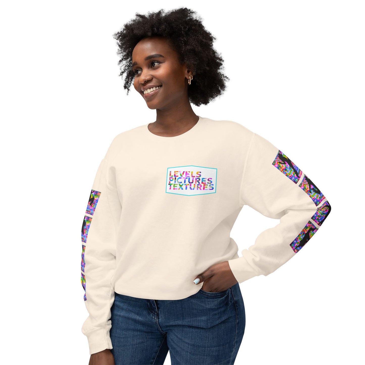 Levels Premium Collection Dance Crewneck Sweatshirt – Vibrant Unisex Streetwear Pullover with "Levels Pictures Textures" Front Text and Dancer Silhouettes on Sleeves