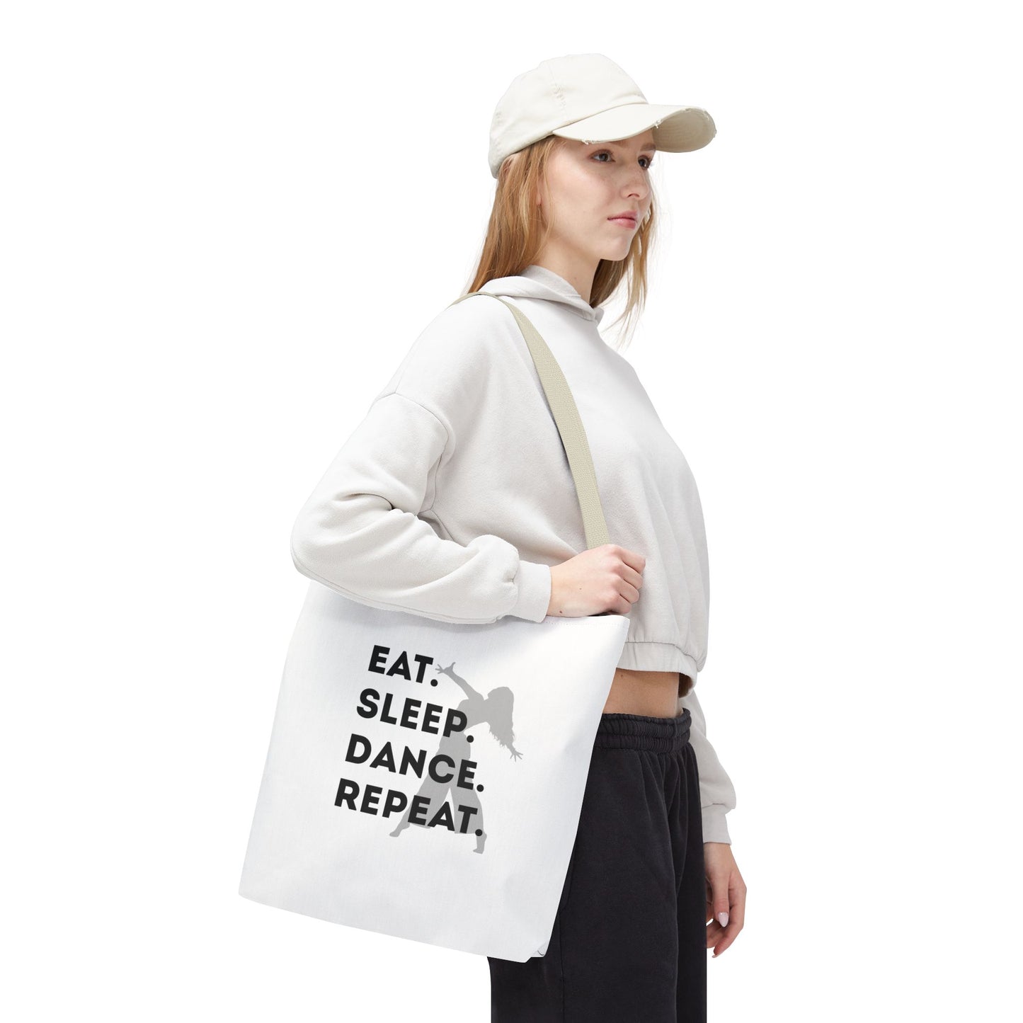 "Eat Sleep Dance Repeat" Canvas Tote Bag – Gray Dancer Silhouette Dance-Themed Reusable Shoulder Bag for Dancers, Studio, or Everyday Use