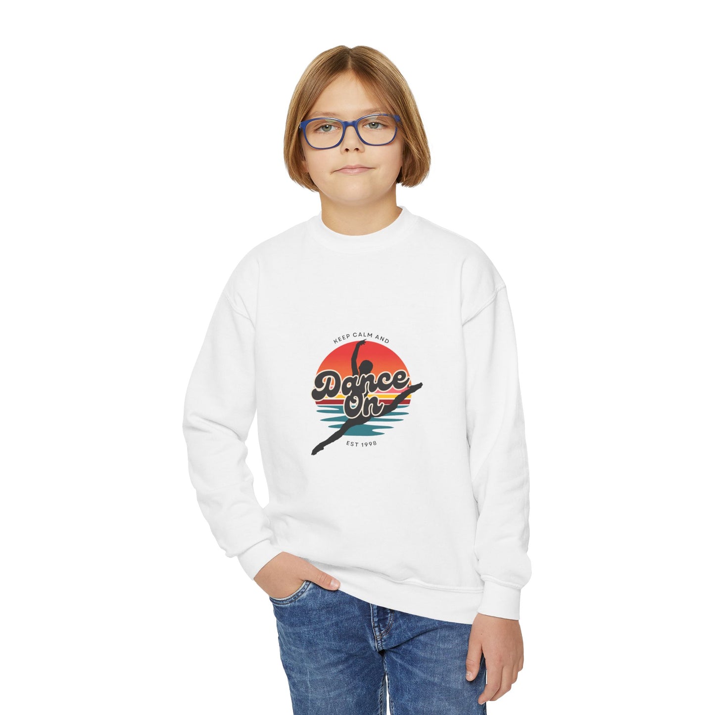 "Keep Calm and Dance On" Youth Crewneck Sweatshirt – Retro Graphic Dance-Themed Kids Pullover for Young Performers