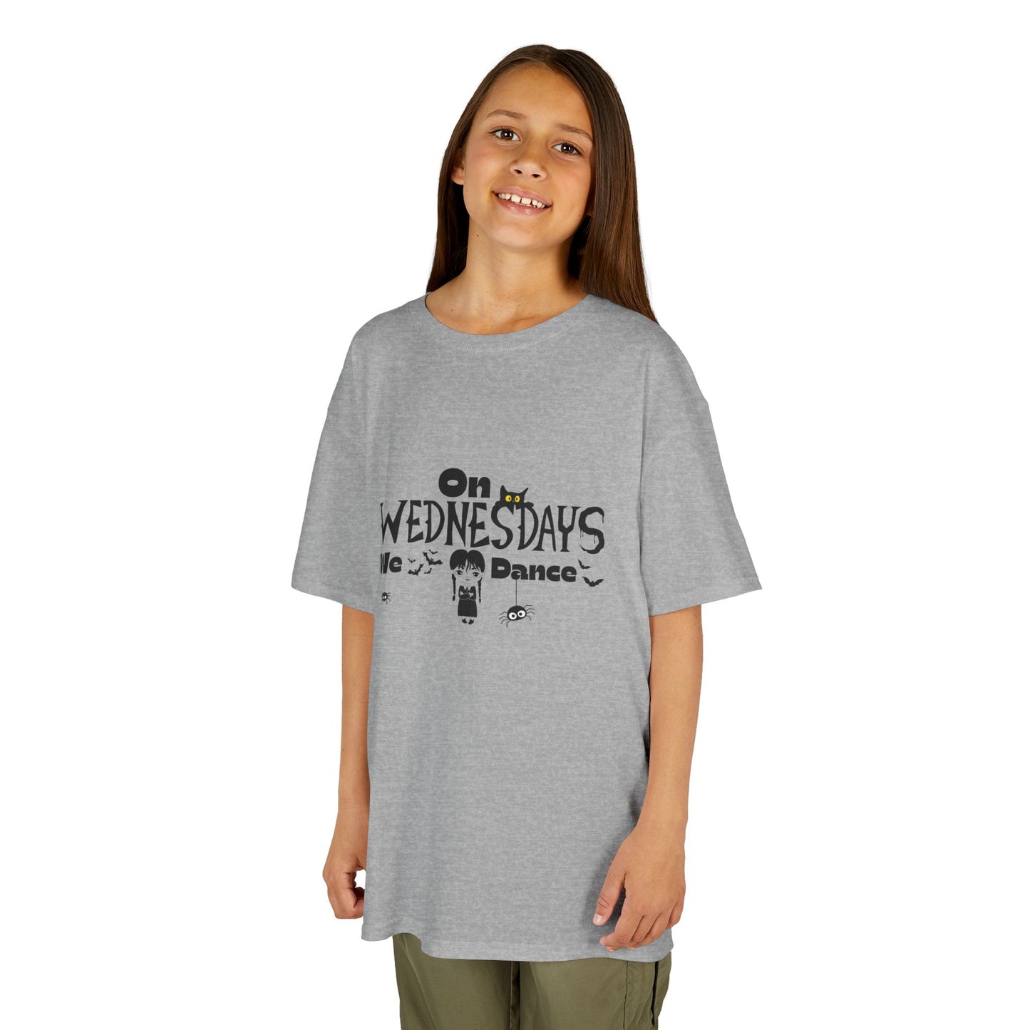 “On Wednesdays We Dance” Gothic Halloween T-Shirt with Cute Girl, Black Cat, Spiders & Bats - Kids Heavy Cotton™ Tee