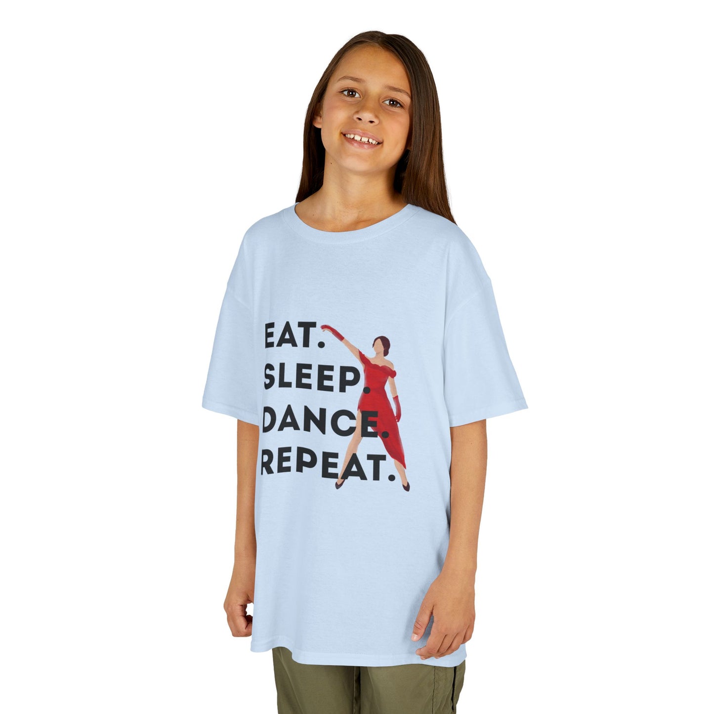 "Eat Sleep Dance Repeat” Youth Short Sleeve Tee – Bold Dancer Graphic Dance Shirt for Kids and Young Performers