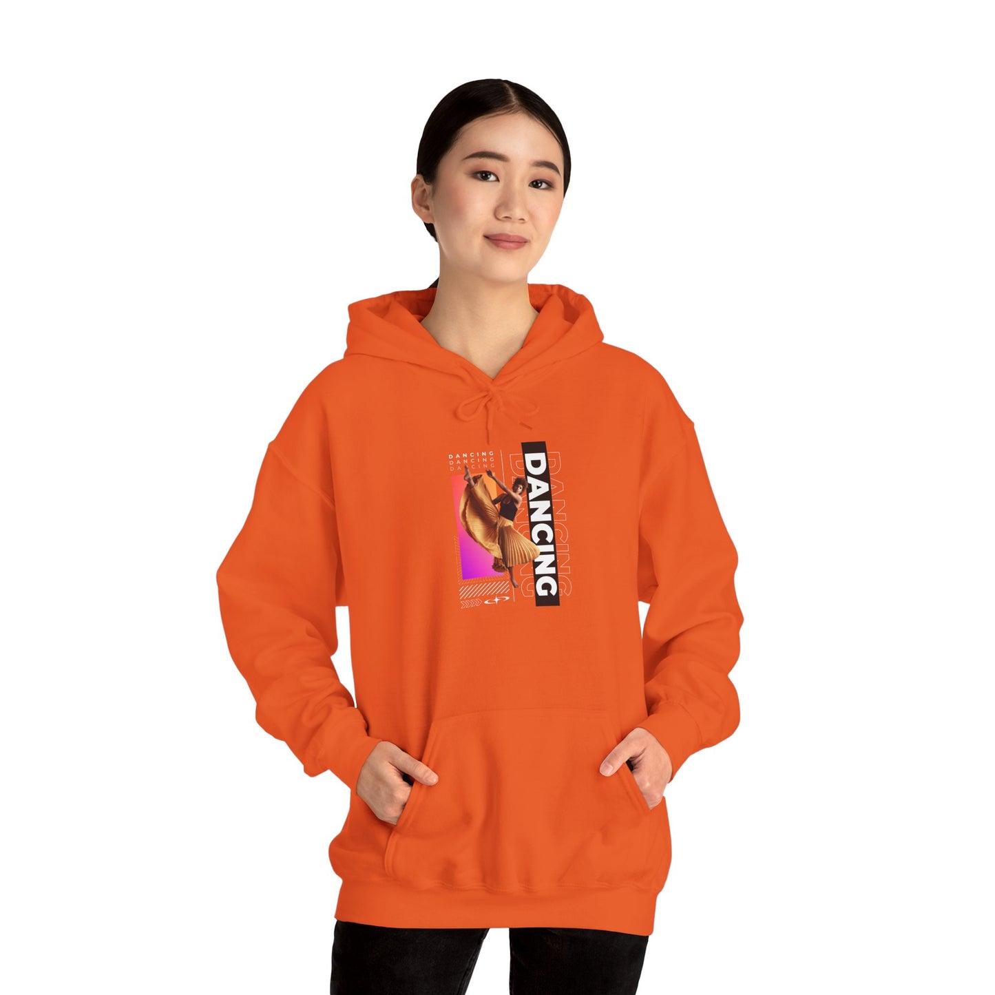 "Dancing” Text with Streetwear-Style Female Dancer Graphic - Unisex Heavy Blend™ Hooded Sweatshirt – Cozy Dance Hoodie for Ballet & Hip-Hop Enthusiasts