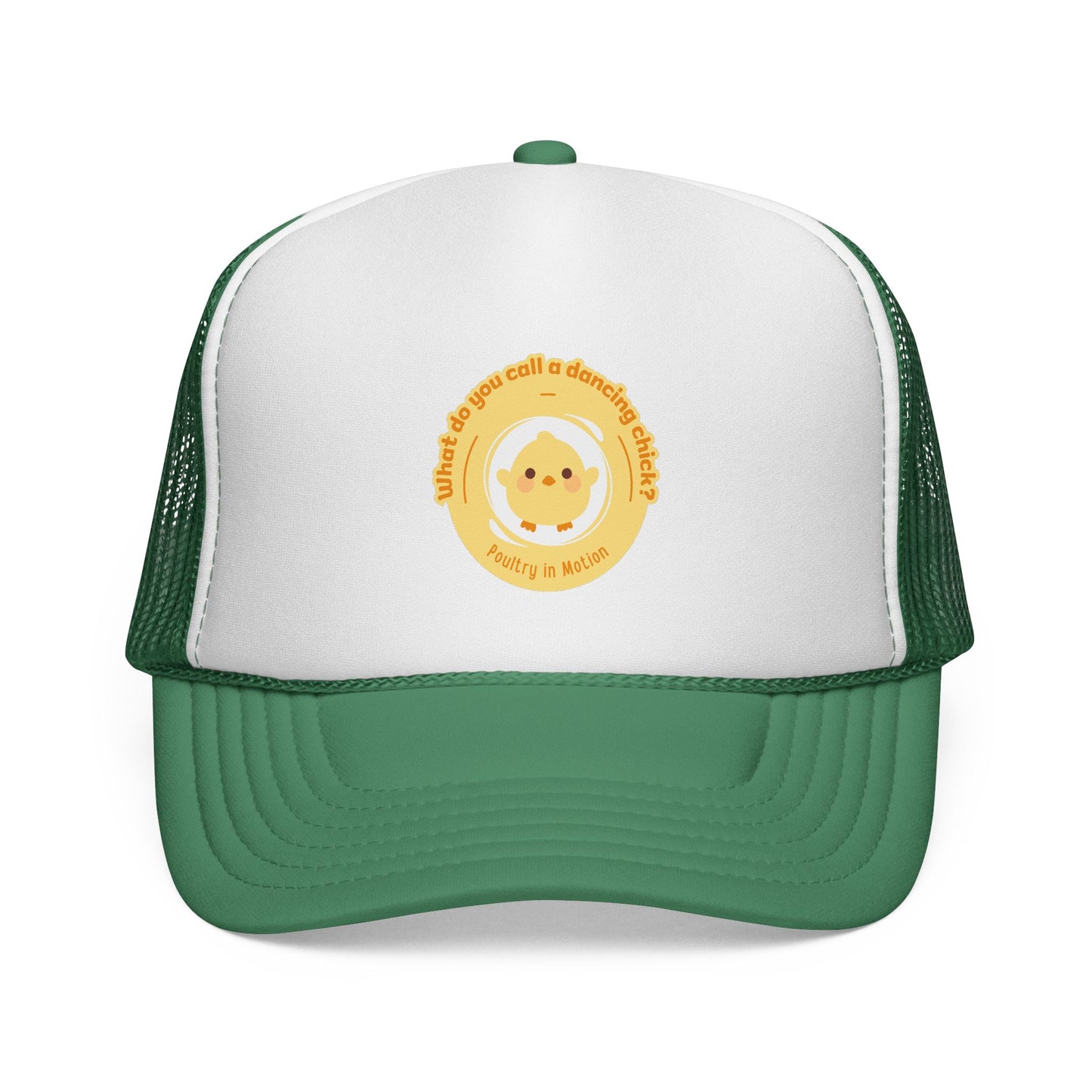 "What do you call a dancing chick? Poultry in Motion" Funny Dance Trucker Hat – Cute Chicken Graphic Unisex Cap for Dancers & Pun Lovers