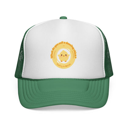 "What do you call a dancing chick? Poultry in Motion" Funny Dance Trucker Hat – Cute Chicken Graphic Unisex Cap for Dancers & Pun Lovers