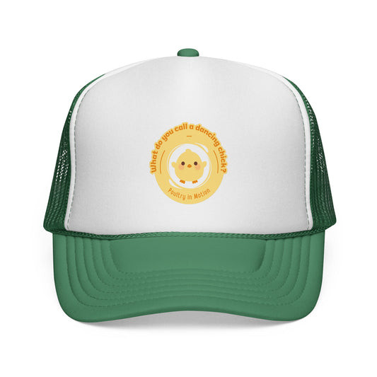 "What do you call a dancing chick? Poultry in Motion" Funny Dance Trucker Hat – Cute Chicken Graphic Unisex Cap for Dancers & Pun Lovers
