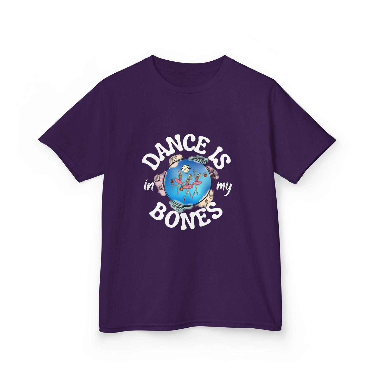 "Dance Is in My Bones” Halloween Dance T-Shirt with Dancing Skeletons Graphic - Kids Heavy Cotton™ Tee