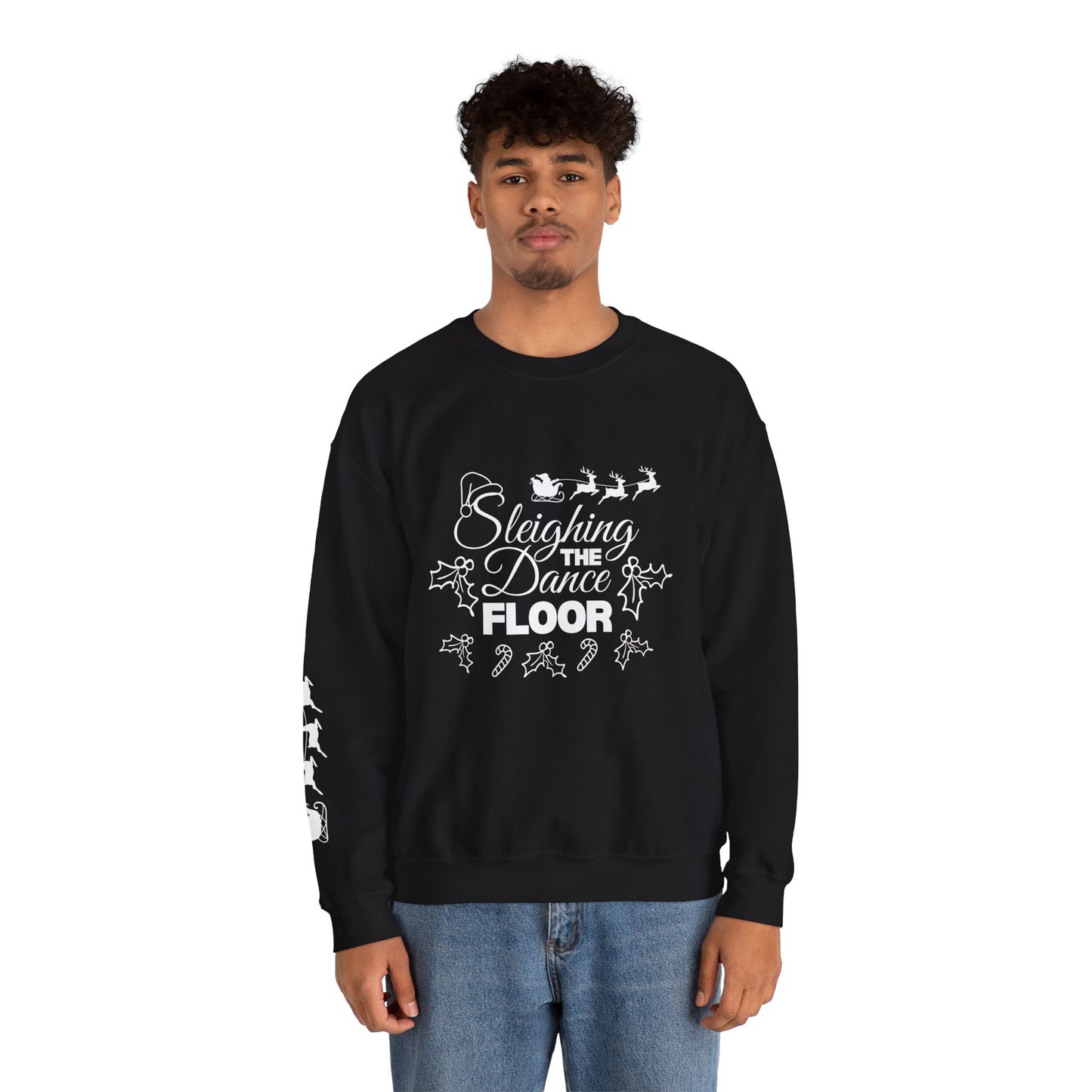 “Sleighing the Dance Floor” ADULT SWEATSHIRT Unisex Heavy Blend Crewneck – Festive Christmas Dance Sweatshirt with Santa’s Sleigh & Reindeer Arm Design, Perfect for Dancers & Studios