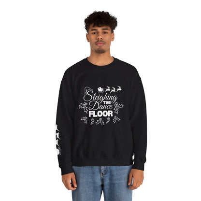 “Sleighing the Dance Floor” ADULT SWEATSHIRT Unisex Heavy Blend Crewneck – Festive Christmas Dance Sweatshirt with Santa’s Sleigh & Reindeer Arm Design, Perfect for Dancers & Studios