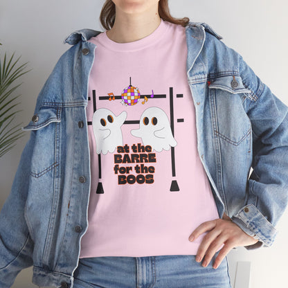 “At the Barre for the Boos” Dance Halloween T-Shirt with Cute Ghost Ballet Graphics - Unisex Heavy Cotton Tee
