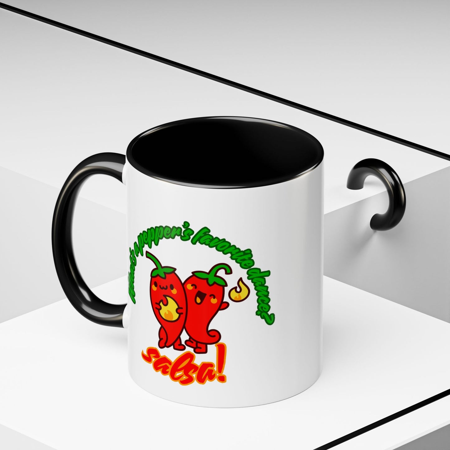 "What's a Pepper's Favorite Dance? Salsa." Accent Coffee Mug – Funny Dance Pun Ceramic Mug for Dancers and Food Lovers