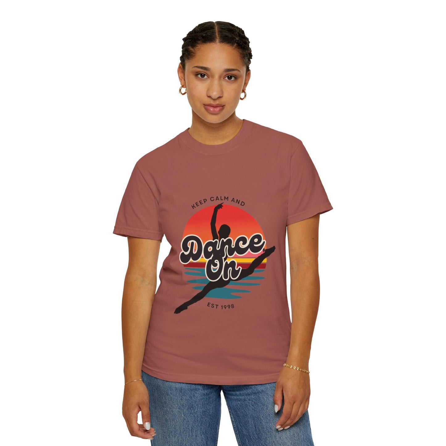 "Keep Calm and Dance On" Unisex Garment-Dyed T-Shirt – Retro Dance Graphic Tee – Vintage-Inspired Comfort Shirt for Dancers
