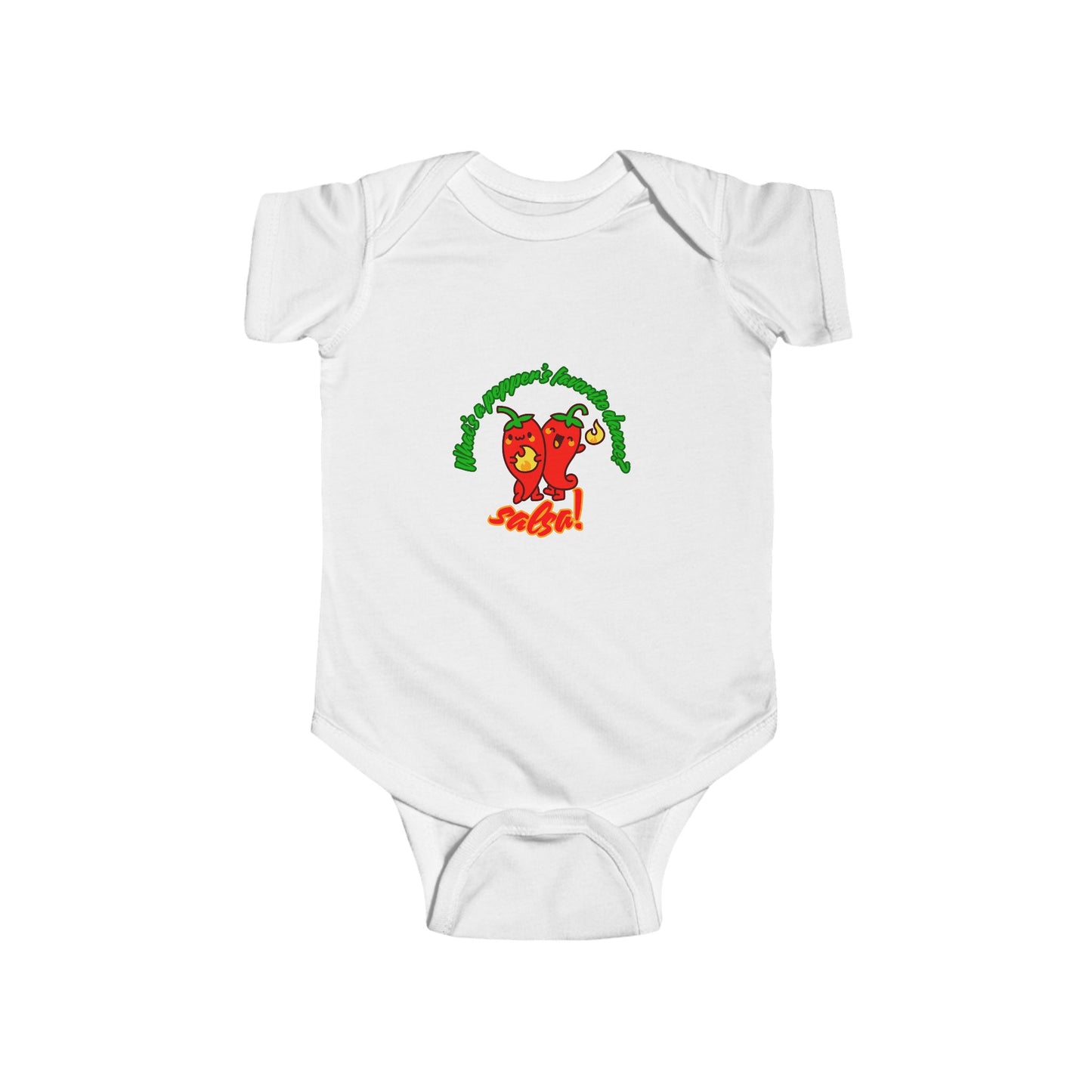 "What's a Pepper's Favorite Dance? Salsa!" Infant Short Sleeve Bodysuit – Cute Dance Pun Graphic Baby Outfit for Jeté Dance Fans