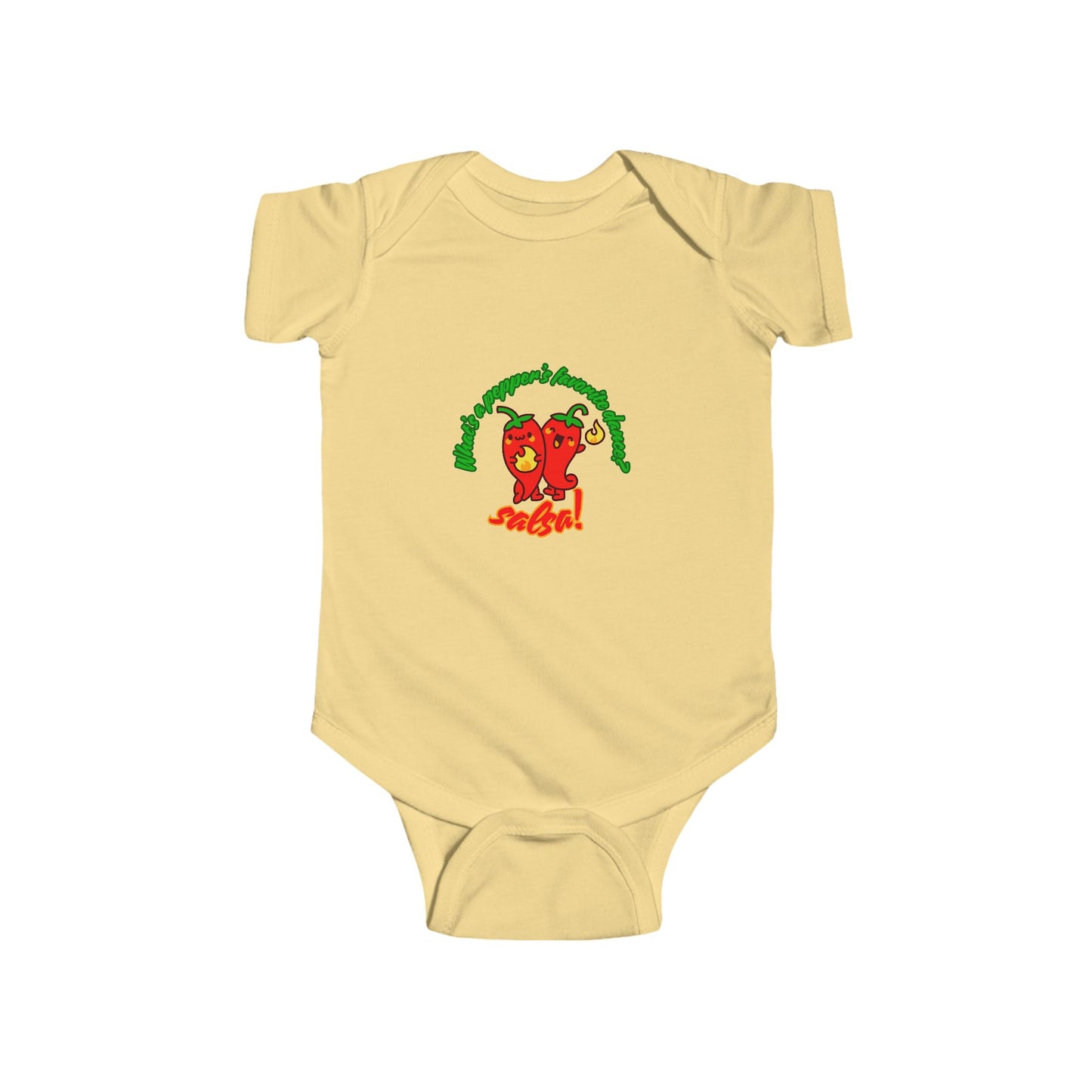 "What's a Pepper's Favorite Dance? Salsa!" Infant Short Sleeve Bodysuit – Cute Dance Pun Graphic Baby Outfit for Jeté Dance Fans