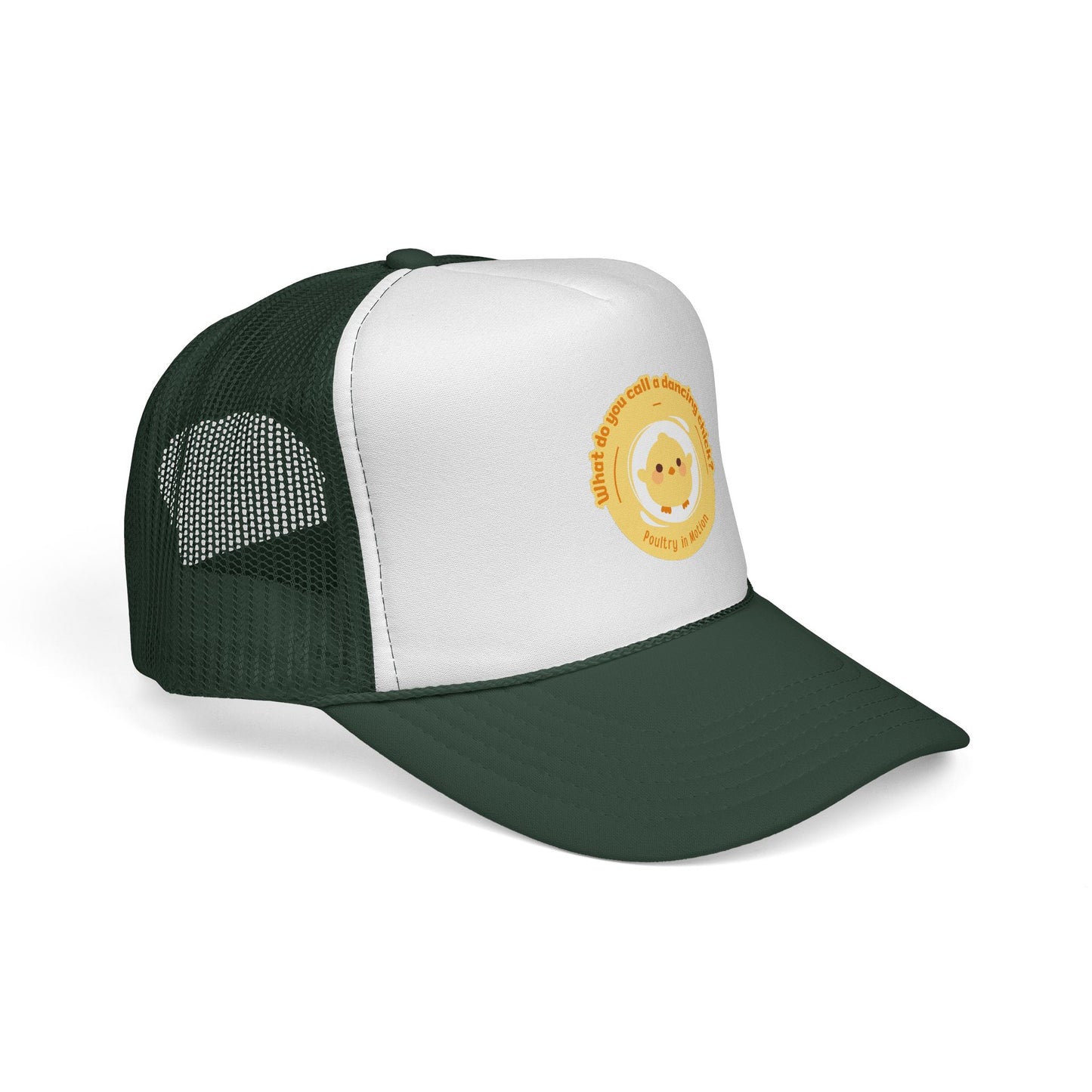 "What do you call a dancing chick? Poultry in Motion" Funny Dance Trucker Hat – Cute Chicken Graphic Unisex Cap for Dancers & Pun Lovers
