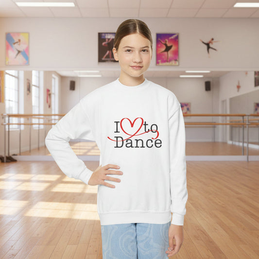 Person wearing a white sweatshirt with 'I ❤️ Love to Dance' text on a white background