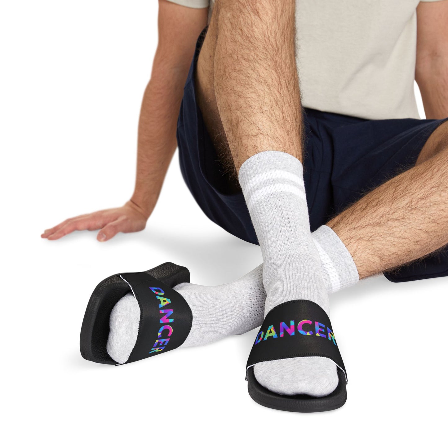 MEN'S SIZES - “Dancer” Colorful Text – Dance-Inspired Custom Slides with Removable Straps | Men’s Sandal Slides