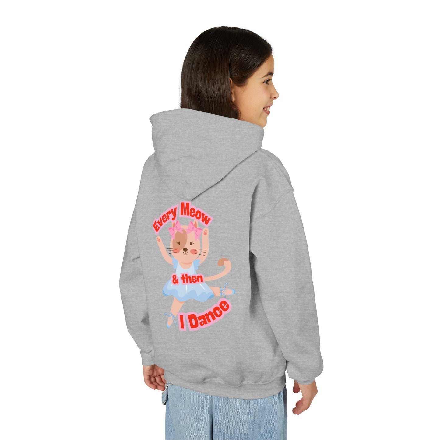 “Every Meow & Then I Dance” Adorable Dancing Cat Graphic | Cute Cat Dance Hoodie for Kids & Young Ballet Enthusiasts - Unisex Youth Hoodie