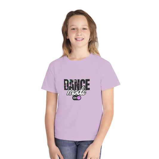 “Dance Mode On" Comfort Colors Youth Midweight  T-Shirt – Pastel Stars & Smiley Face Dance Graphic Tee for Kids