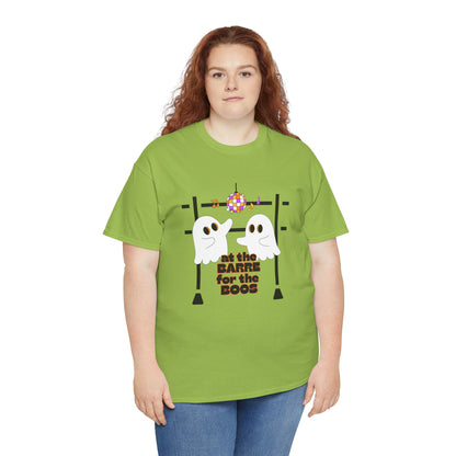 “At the Barre for the Boos” Dance Halloween T-Shirt with Cute Ghost Ballet Graphics - Unisex Heavy Cotton Tee