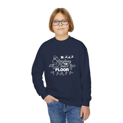 “Sleighing the Dance Floor” YOUTH SWEATSHIRT  Crewneck with Santa’s Sleigh and Reindeer – Festive Christmas Dance Sweatshirt for Kids and Young Dancers