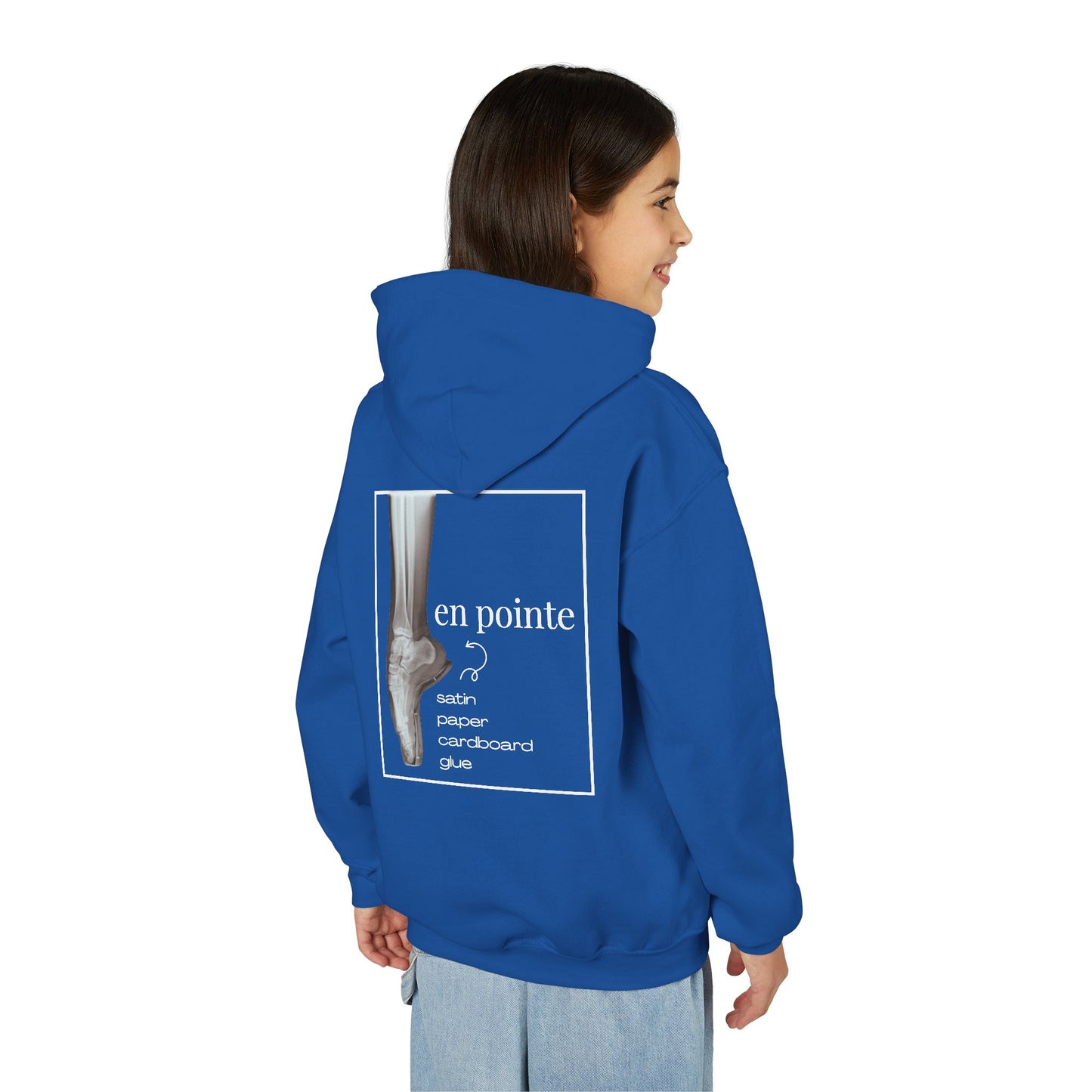 “I Dance En Pointe” Youth Pullover Hoodie with X-Ray Ballet Foot Graphic – Personalized Dance Hoodie for Kids, Custom Name or Studio Option