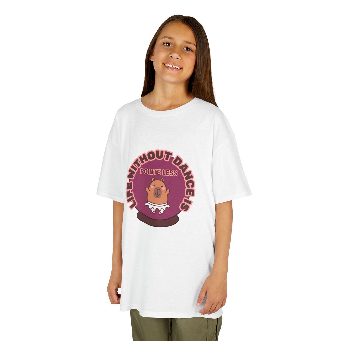 "Life Without Dance Is Pointeless" Youth Dance T-Shirt – Cute Capybara Ballerina Graphic Tee for Kids