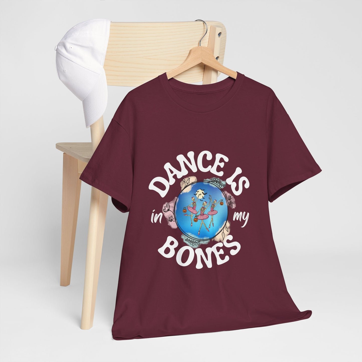 “Dance Is in My Bones” Halloween Dance T-Shirt with Dancing Skeletons Graphic - Unisex Heavy Cotton Tee