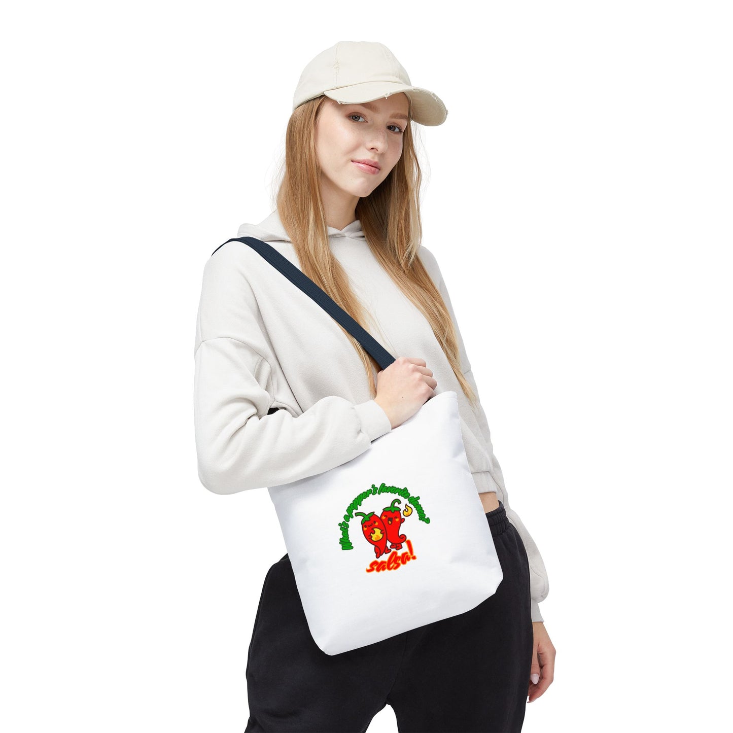 “What’s a Pepper’s Favorite Dance? Salsa!” Salsa Dance Pun Tote Bag – Funny Kawaii Pepper Graphic Canvas Bag for Dancers & Food Lovers