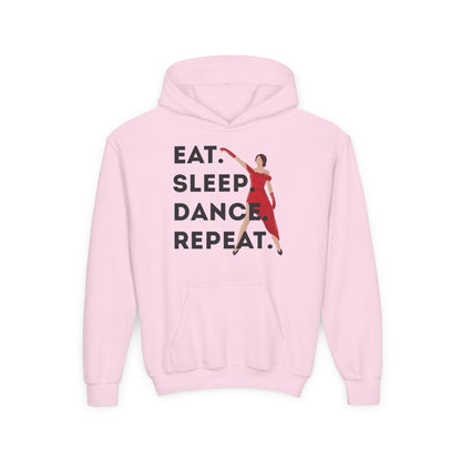 "Eat Sleep Dance Repeat" Youth Hooded Sweatshirt – Bold Dancer Graphic Fleece Hoodie for Kids and Teens