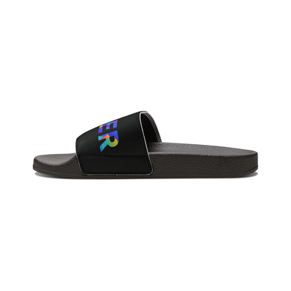 YOUTH SIZES - “Dancer” Colorful Text – Dance-Inspired Custom Slides with Removable Straps | Youth Sandal Slides