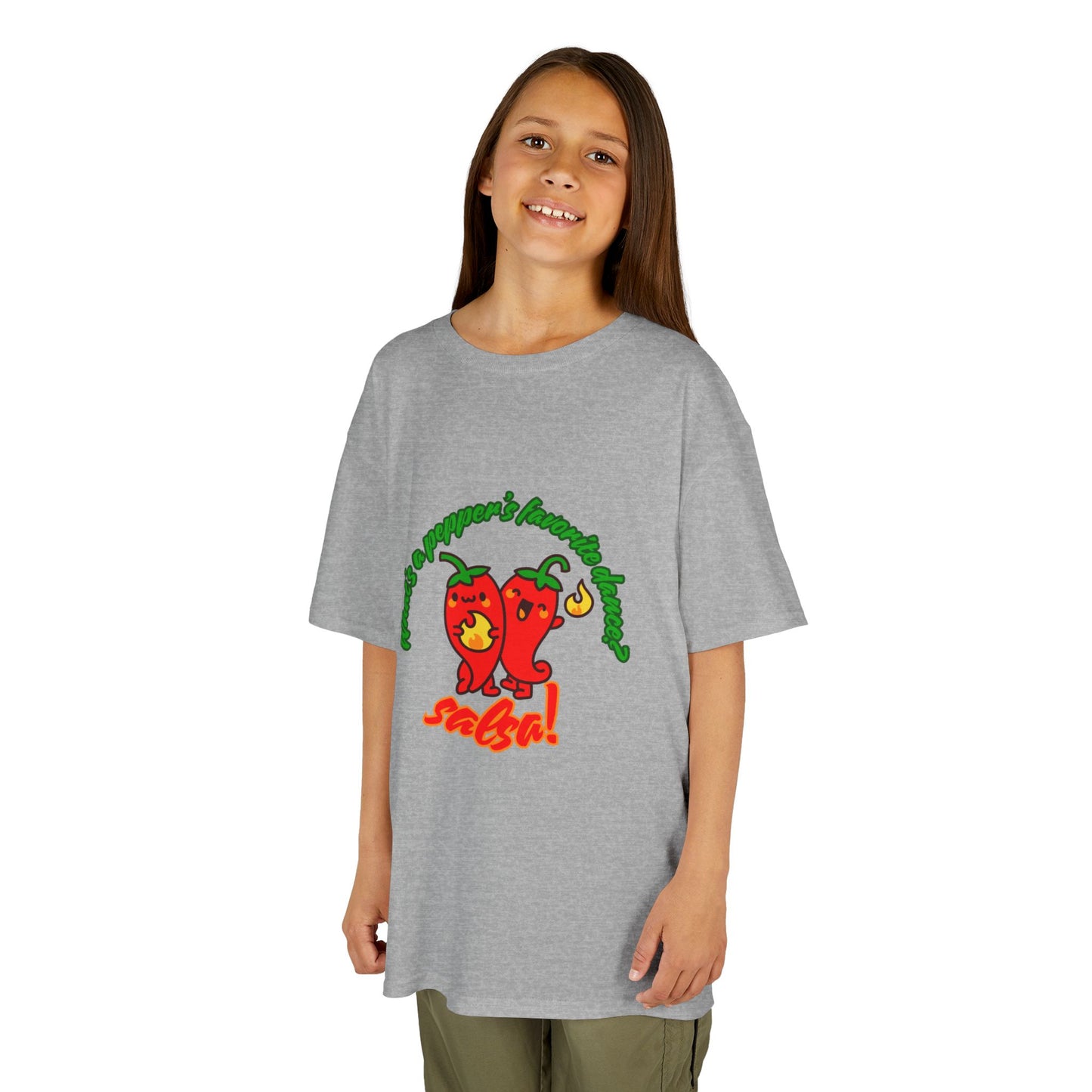 "What’s a Pepper’s Favorite Dance? Salsa!" Youth Short Sleeve Tee – Funny Dance Shirt with Cute Pepper Graphic for Kids