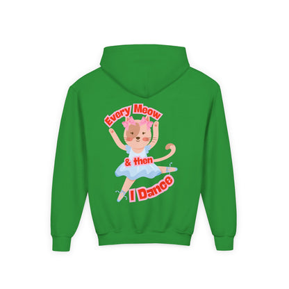 “Every Meow & Then I Dance” Adorable Dancing Cat Graphic | Cute Cat Dance Hoodie for Kids & Young Ballet Enthusiasts - Unisex Youth Hoodie