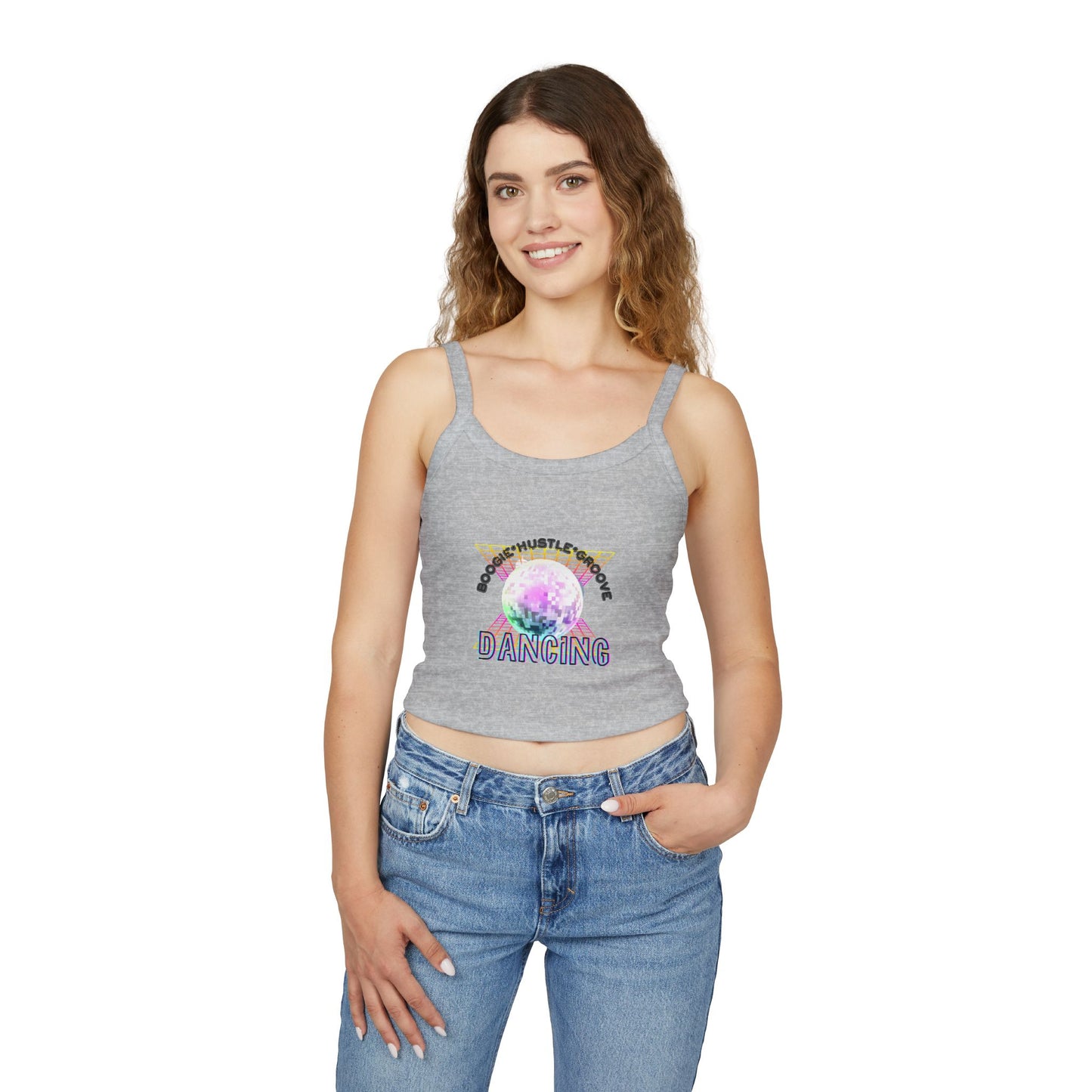 "Boogie, Hustle, Groove – Dancing" Women’s Spaghetti Strap Tank Top – Bold Retro Graphic | Fun 70s-Inspired Dancewear for Studio & Everyday Style