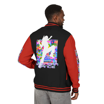 Levels Premium Collection Dance Letterman Jacket – Colorful Unisex Streetwear Varsity Jacket with "Levels Pictures Textures" Front and Dancer Silhouette Back Graphic